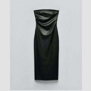 NWT Zara Brown Faux Leather Strapless Midi Dress Women's Size Large